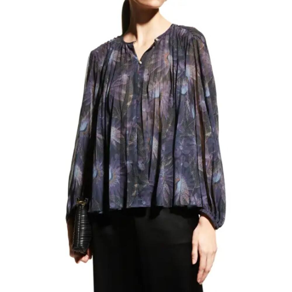 Vince Deco Floral Print Sheer Pleated Blouse Blue Purple‎ Dark Romantic Artsy M